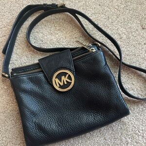 Michael Kors Black Pebbled Leather Crossbody Bag with Gold Accents